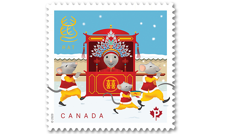 Timbre du Canada : coup de chapeau annuel pour la communauté chinoise au pays. Ici l'Année du rat, premier des 12 signes de l'horoscope chinois.