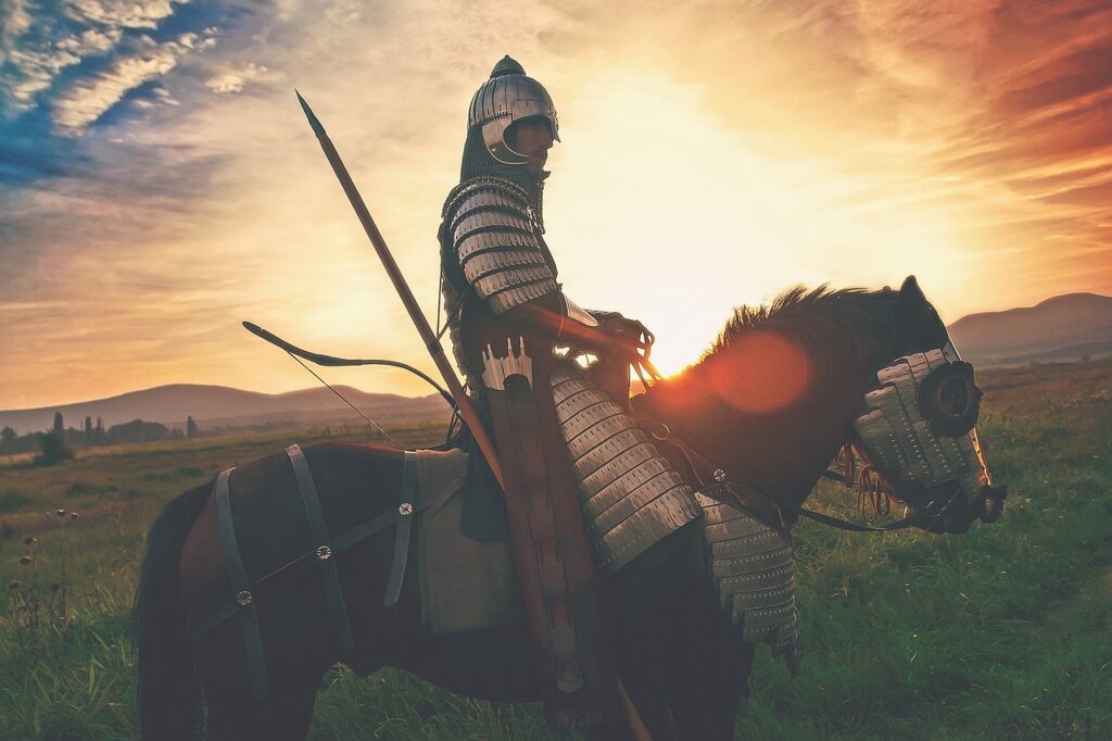 Exemple de virilité : un chevalier, lourdement armé et protégé par son armure.